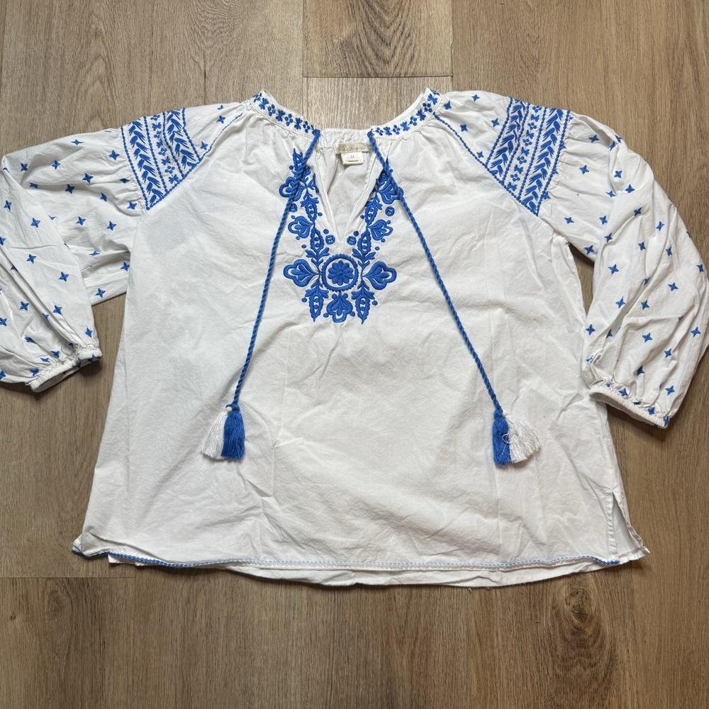 Shoshanna Amparo Floral‎ Embroidered Shirt White Blue Size M